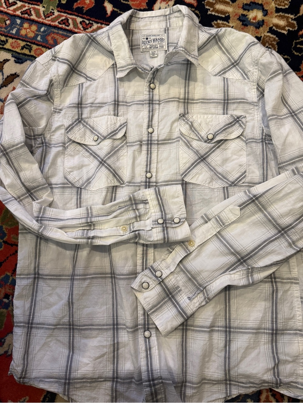 Lucky Brand Men’s White & Gray Plaid Snap-Front Shirt
